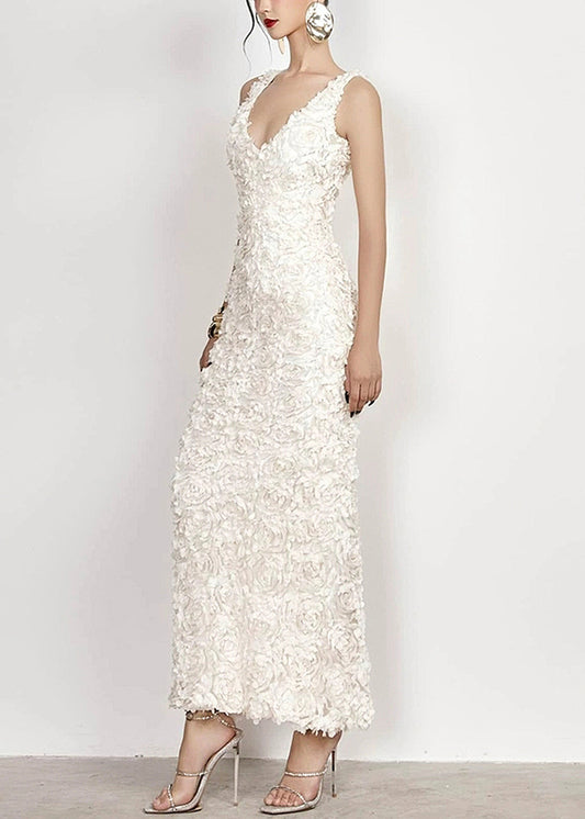 Handmade White V Neck Side Open Cotton Long Dress Sleeveless