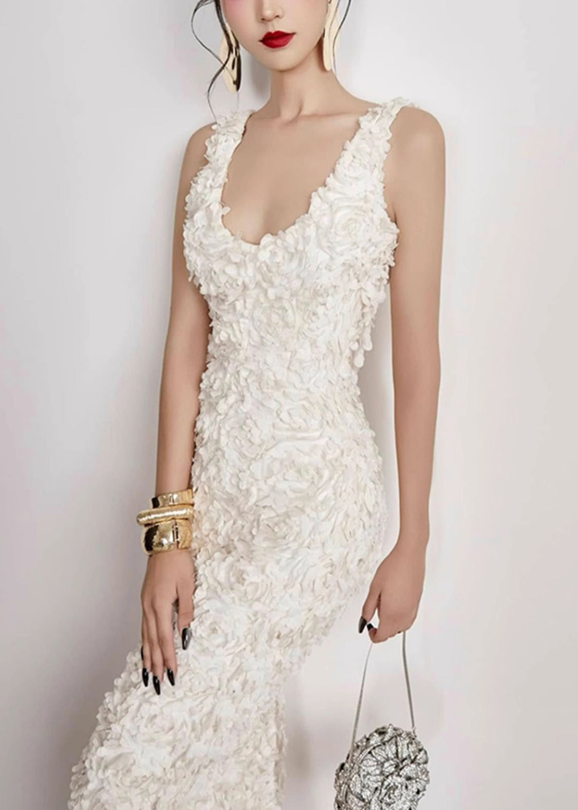 Handmade White V Neck Side Open Cotton Long Dress Sleeveless