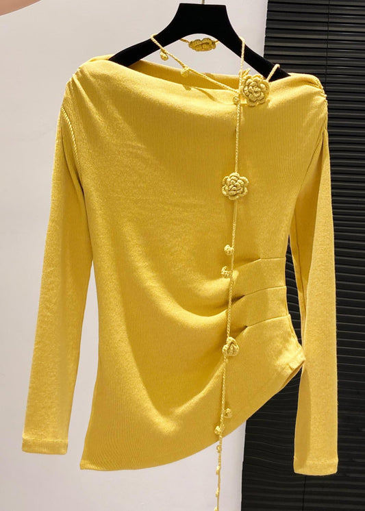 Handmade Yellow Asymmetrical Floral Wrinkled Cotton Blouses Fall