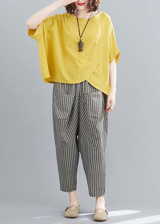 Handmade Yellow O-Neck Two-Piece Set Summer Cotton Linen - SooLinen