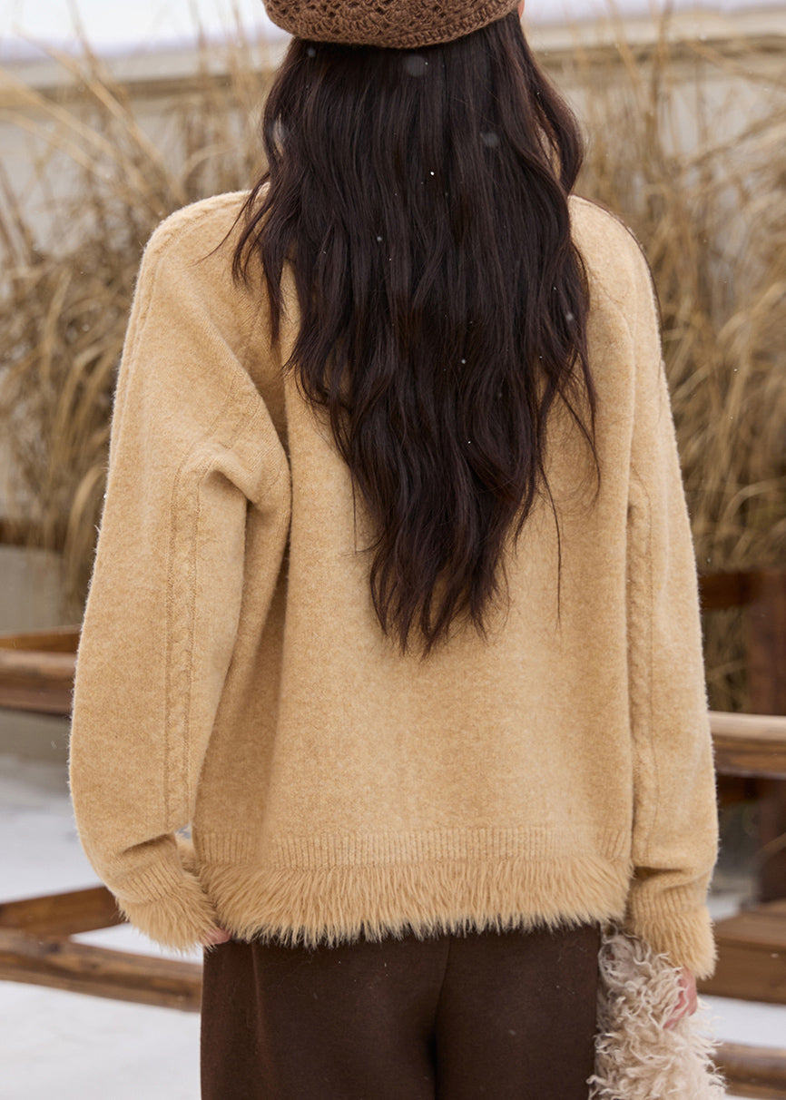 Handgefertigte gelbe Pullover mit Peter-Pan-Kragen, Patchwork und Pailletten, dicker Baumwollstrick, Frühlingspullover