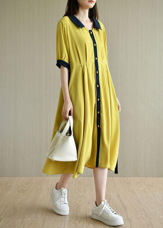 Handmade Yellow Square Collar Button Summer Chiffon Dresses Half Sleeve - SooLinen