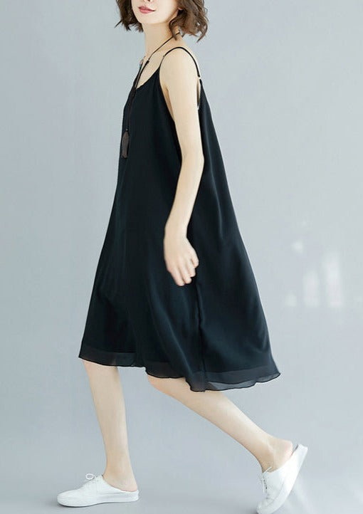 Handgemachte schwarze Chiffonkleidung für Frauen Spaghettiträger Maxi Sommerkleid