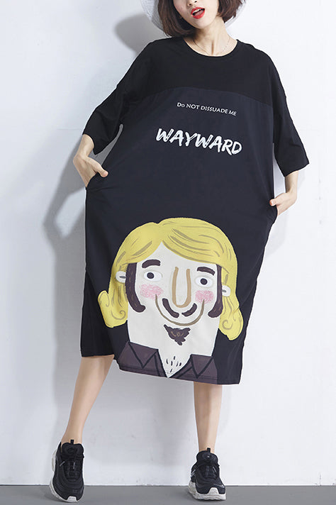 Handgemachtes schwarzes Baumwollkleid mit feinem Druck, Fotografie, Rundhalsausschnitt, tägliches Sommerkleid