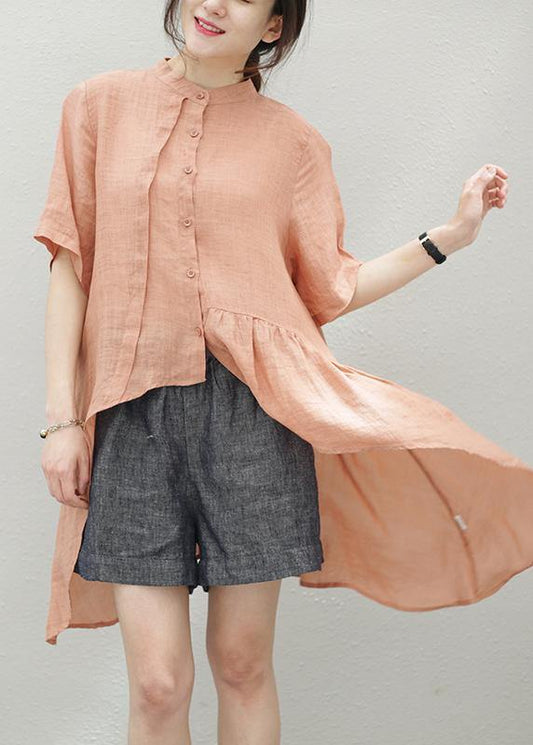 Handmade blue linen clothes stand collar asymmetric cotton blouse - SooLinen