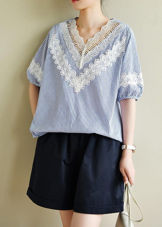 Handmade blue striped tops v neck patchwork lace Art top - SooLinen