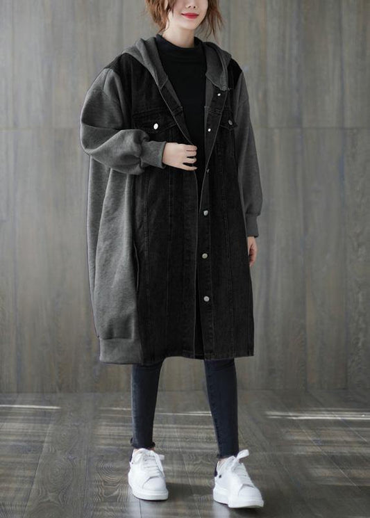 Handmade blue tunics for women Tops hooded patchwork outwears - SooLinen