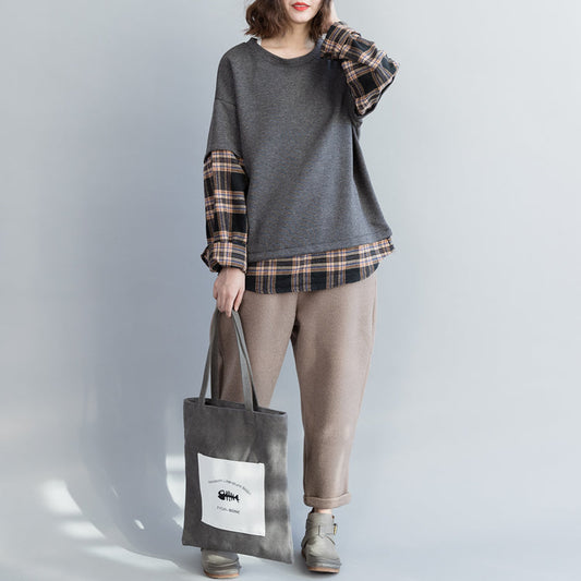 Handgemachte Baumwollkleidung Plus Size O-Ausschnitt Patchwork Form graue Baumwolltops