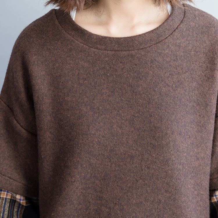 Handgemachte Baumwollkleidung Plus Size O-Ausschnitt Patchwork Form graue Baumwolltops