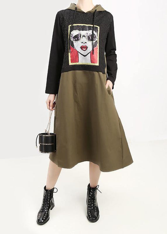 Handmade hooded cotton prints tunic dress fall Work green patchwork Art Dress - SooLinen