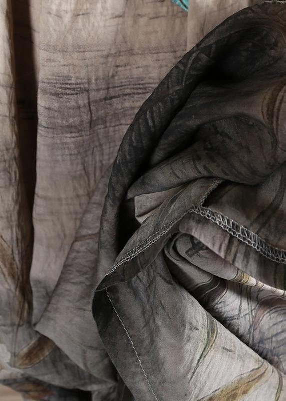 Handmade khaki print cotton dress o neck short sleeve Dresses summer Dress - SooLinen