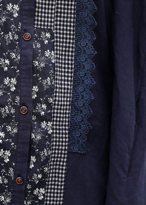 Handgemachte Leinen Roben Mode Retro Blau Splice Turn-down Kragen Leinen Kleid