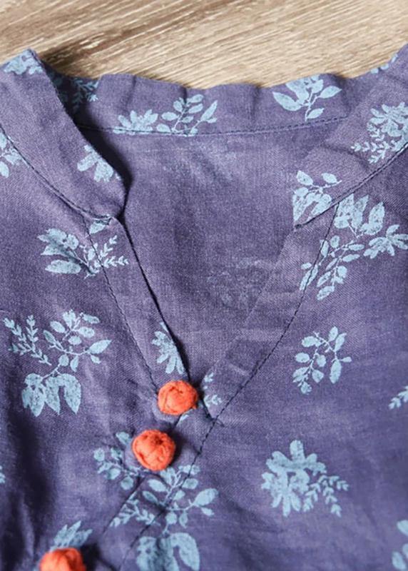 Handmade linen Robes Organic Retro Plant Print V-Neck Loose Ramie Blouse - SooLinen