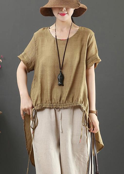 Handmade o neck drawstring linen summer Blouse Shape white shirts - SooLinen