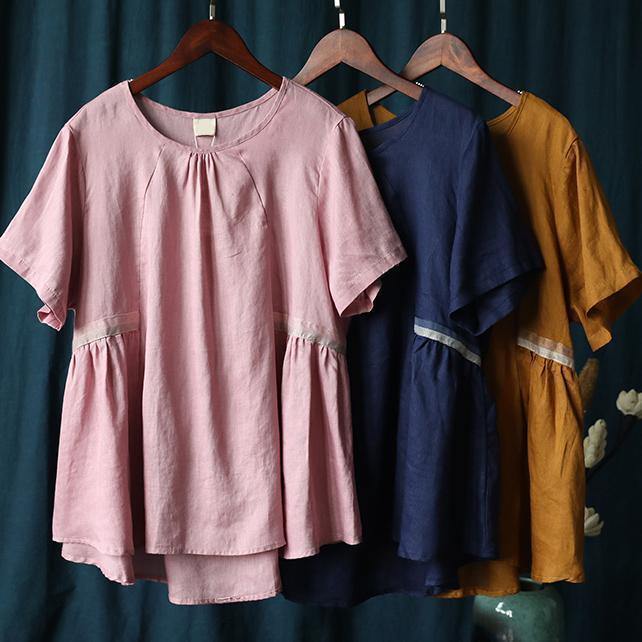 Handmade o neck Cinched Shirts yellow blouse - SooLinen