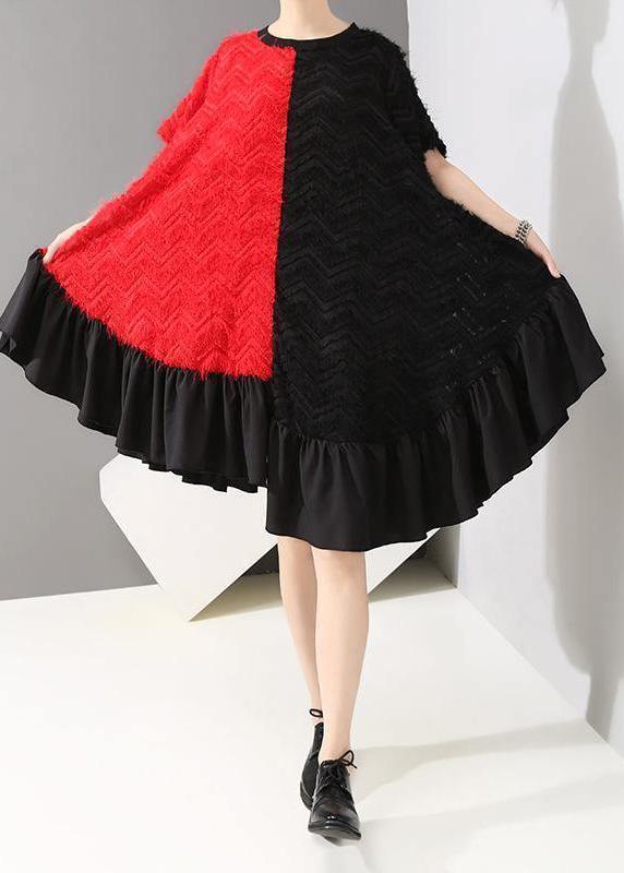 Handmade pattern Fun Short Sleeve Asymmetrical Round Neck Dress - SooLinen