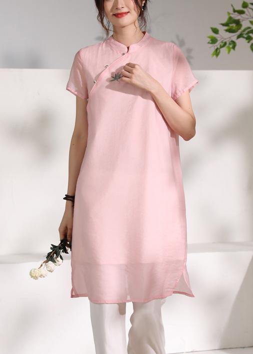 Handmade pink stand collar embroidery Dress - SooLinen