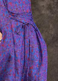 Handmade purple print linen clothes For Women v neck tie waist Maxi summer Dresses - SooLinen