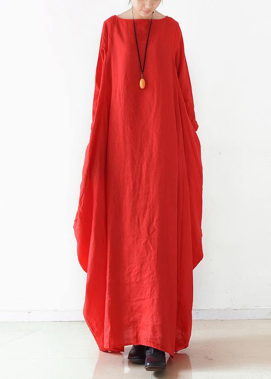 Handmade red dress o neck long sleeve Robe Dresses - SooLinen
