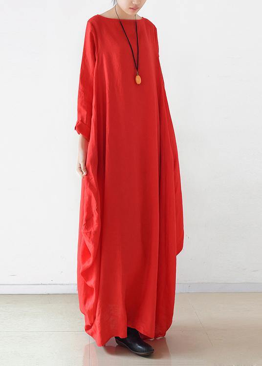 Handmade red dress o neck long sleeve Robe Dresses - SooLinen