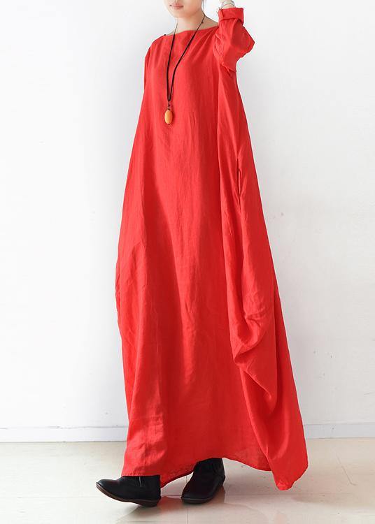 Handmade red dress o neck long sleeve Robe Dresses - SooLinen