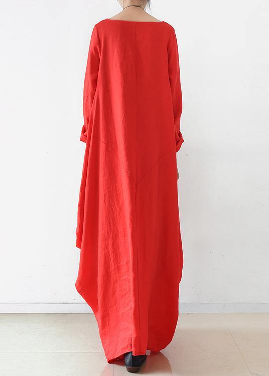 Handmade red dress o neck long sleeve Robe Dresses - SooLinen