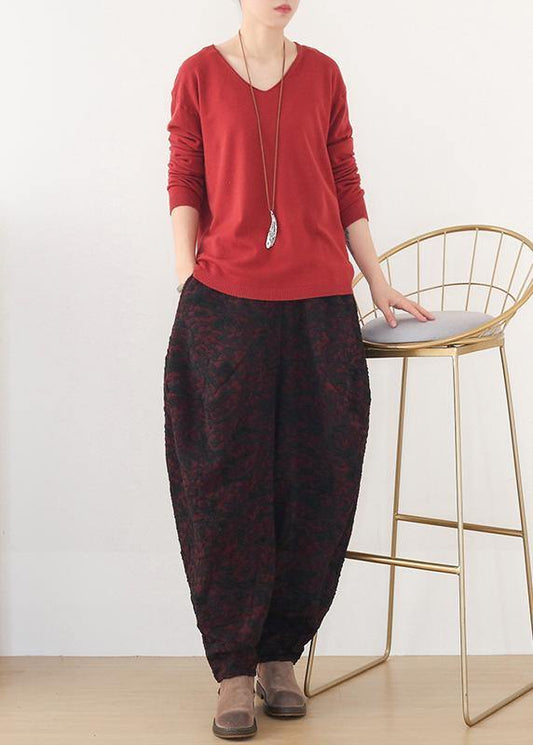 Handmade red harem pantspants spring Jacquard design wild trousers - SooLinen