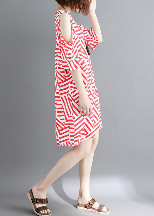 Handgemachte rot gestreifte Baumwollkleidung Damen Omychic schulterfrei tägliches Sommerkleid