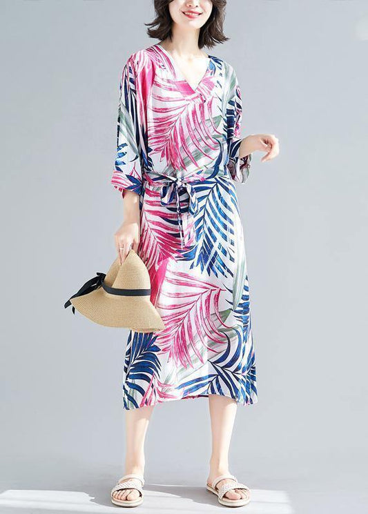 Handmade rose print cotton Women v neck tie waist A Line summer Dresses - SooLinen