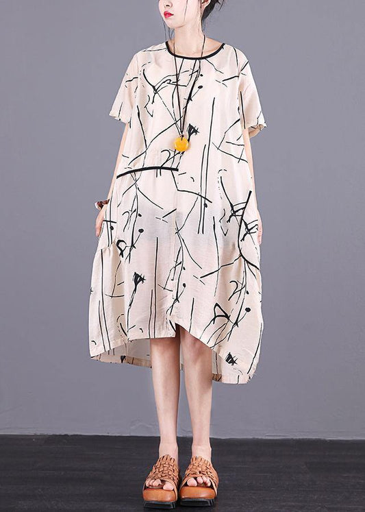 Handmade silk quilting dresses Stitches Summer Loose Short Sleeve Irregular Dress - SooLinen