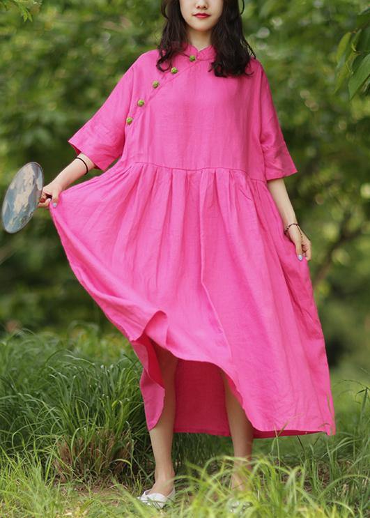 Handmade stand collar Cinched cotton dresses Tutorials rose cotton Dresses - SooLinen