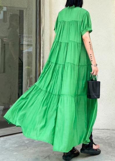 Handmade stand collar Cinched cotton dresses Wardrobes green long Dresses - SooLinen