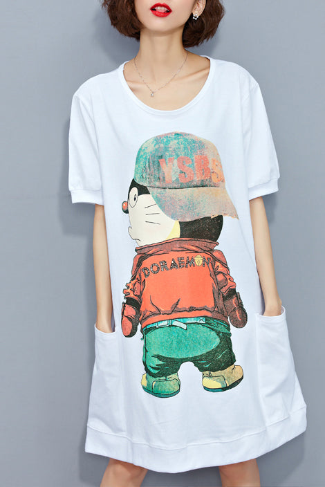 Handgemachte weiße Baumwolltunika Plus Size Muster O Halstaschen oversized Sommerkleider