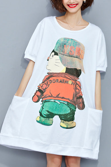 Handgemachte weiße Baumwolltunika Plus Size Muster O Halstaschen oversized Sommerkleider