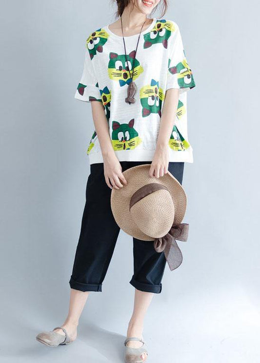 Handmade white prints cotton crane tops o neck Art summer shirt - SooLinen