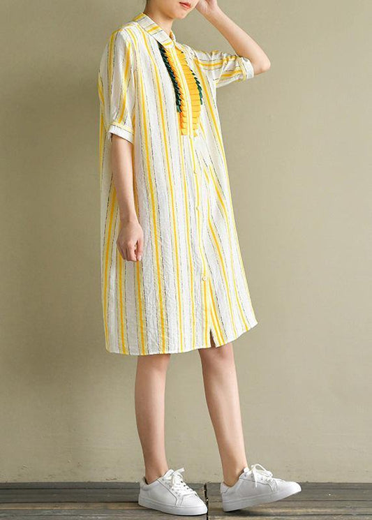 Handmade yellow striped linen Robes lapel Button Down Plus Size summer Dress - SooLinen