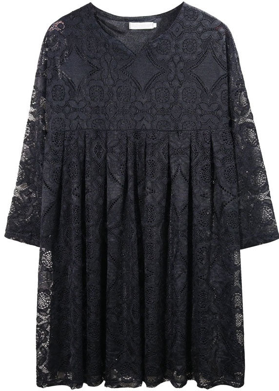 Handgemachte schwarze Sommer-Urlaubskleider aus ausgehöhlter Spitze