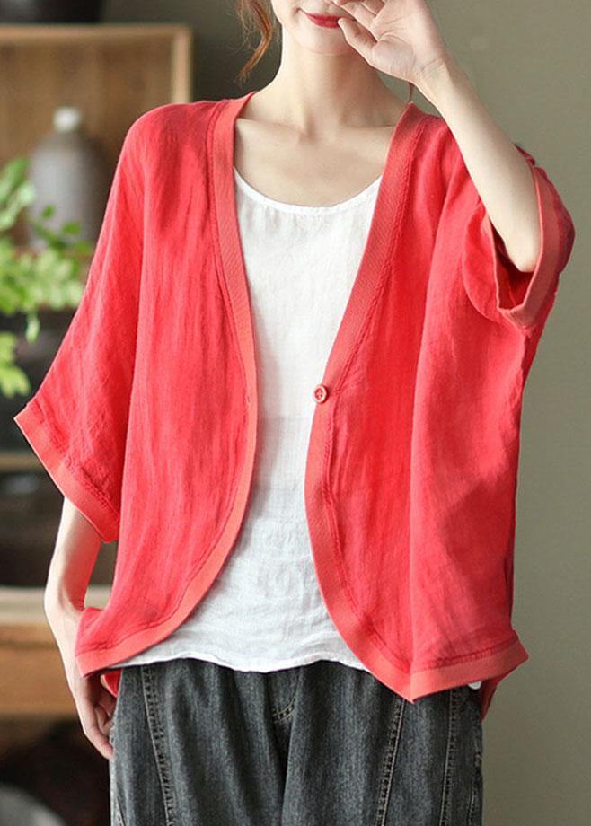 Handmade Red Loose Button Fall Three Quarter sleeve Shirt Top - SooLinen