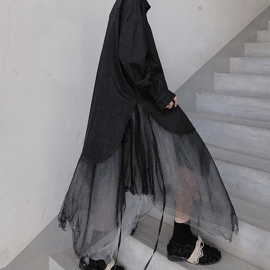 Heavy Industry Color Matching Mesh Irregular Hem Semi Black Skirt - SooLinen