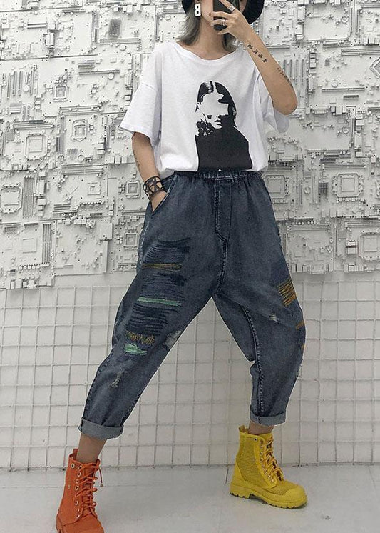 High waist summer nine points embroidery vintage broken hole carrot pants - SooLinen