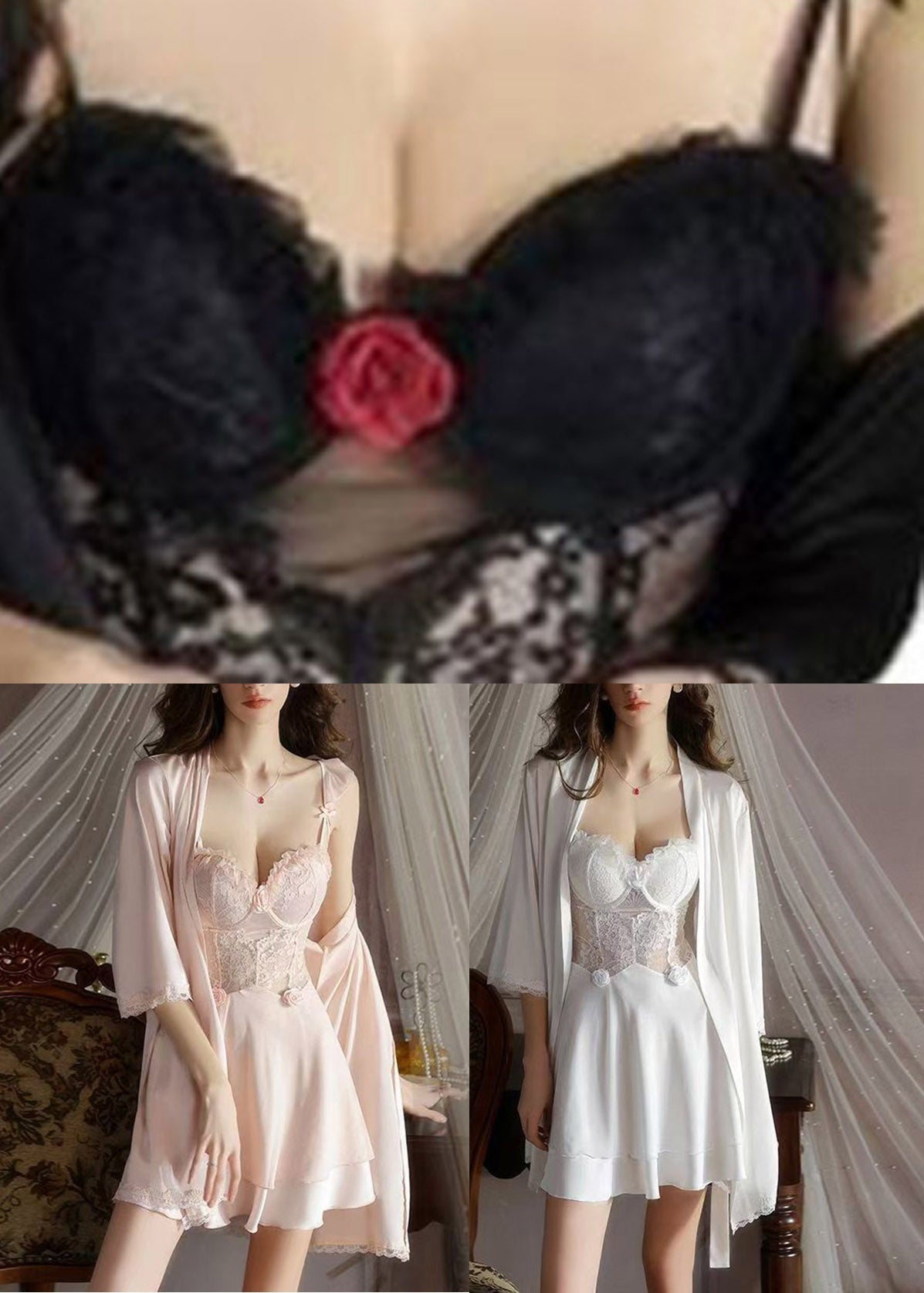 Hot White Hollow Out Ice Silk Cardigans And Slips Lingerie Sets