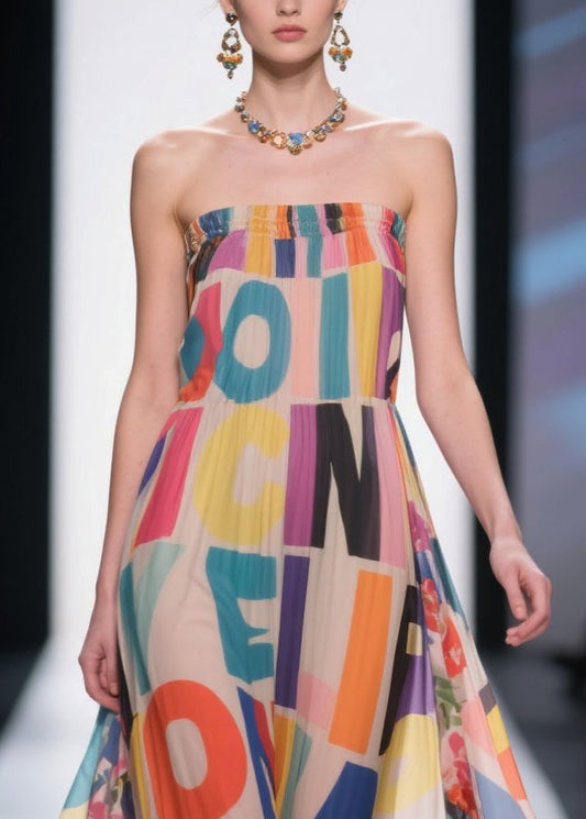 Italian Apricot Cold Shoulder Print Chiffon Strapless Dress Summer