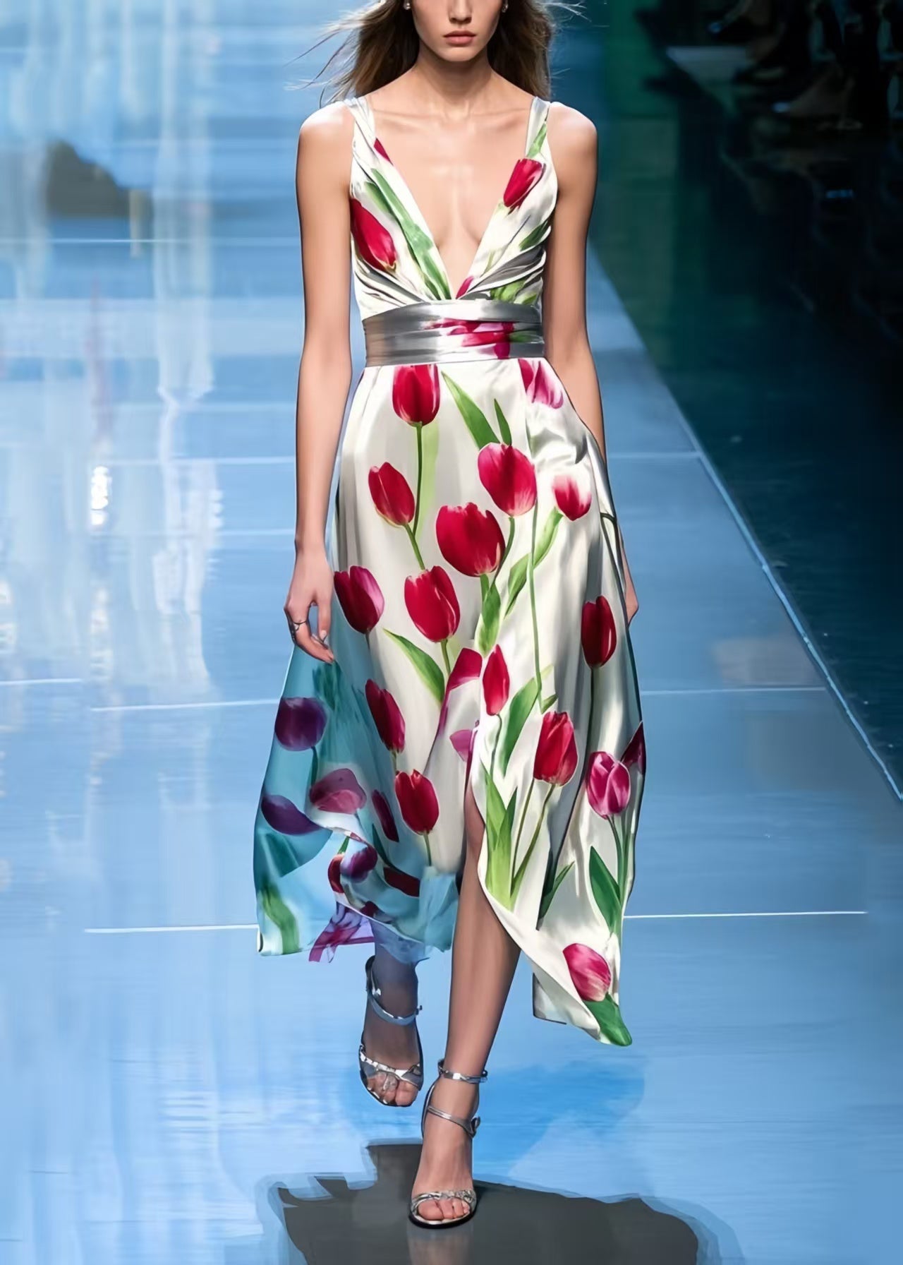 Italian Apricot Flower Print Draping Cami Dresses Summer