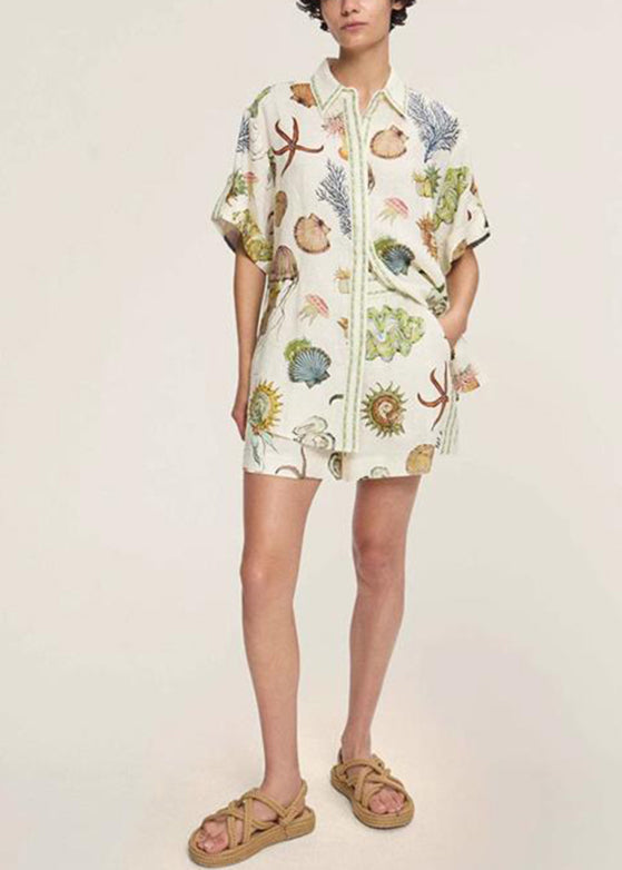 Italian Apricot Peter Pan Collar Shirts And Shorts Two Pieces Set Short Sleeve