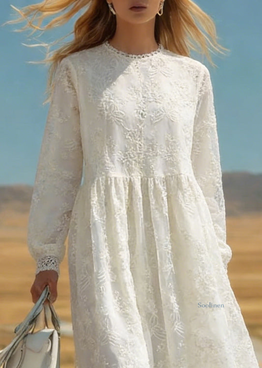 Italian Beige Embroidered Tulle Warm Fleece Long Dresses Spring