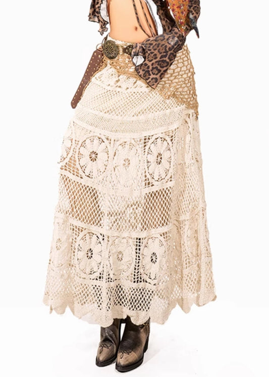Italian Beige Hollow Out Knit A Line Skirt Summer