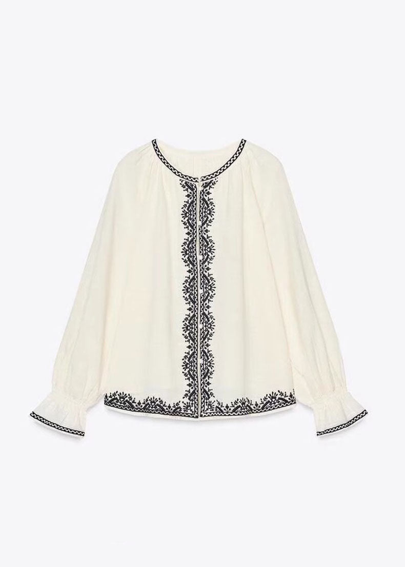 Italian Beige O Neck Embroidered Cotton Tops Fall