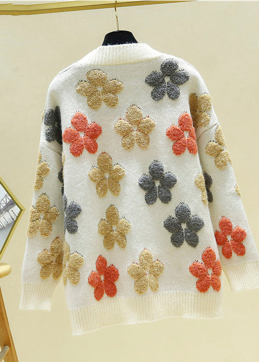 Italienische Beige V-Ausschnitt bestickt Floral gemütliche Strick Cardigans Herbst