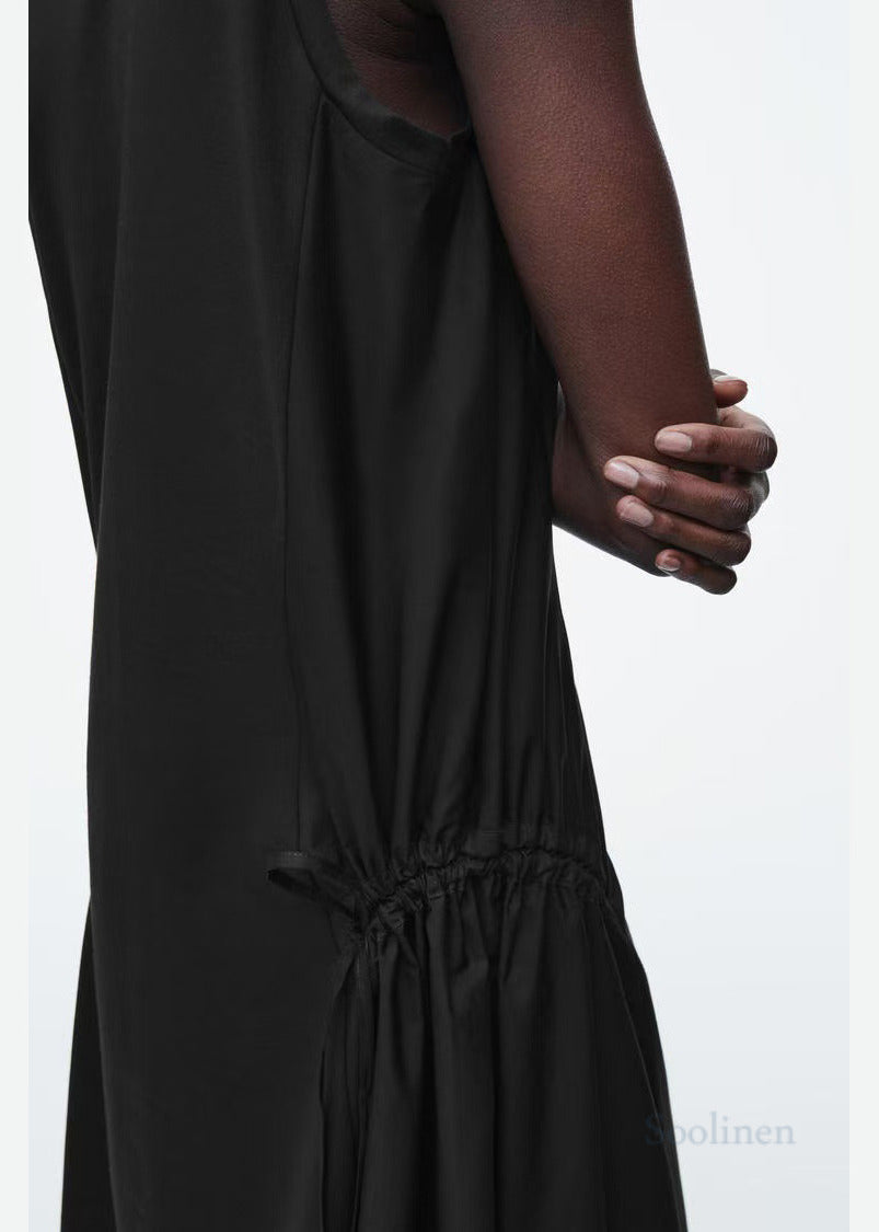 Italian Black Drawstring Cotton Party Dress Sleeveless