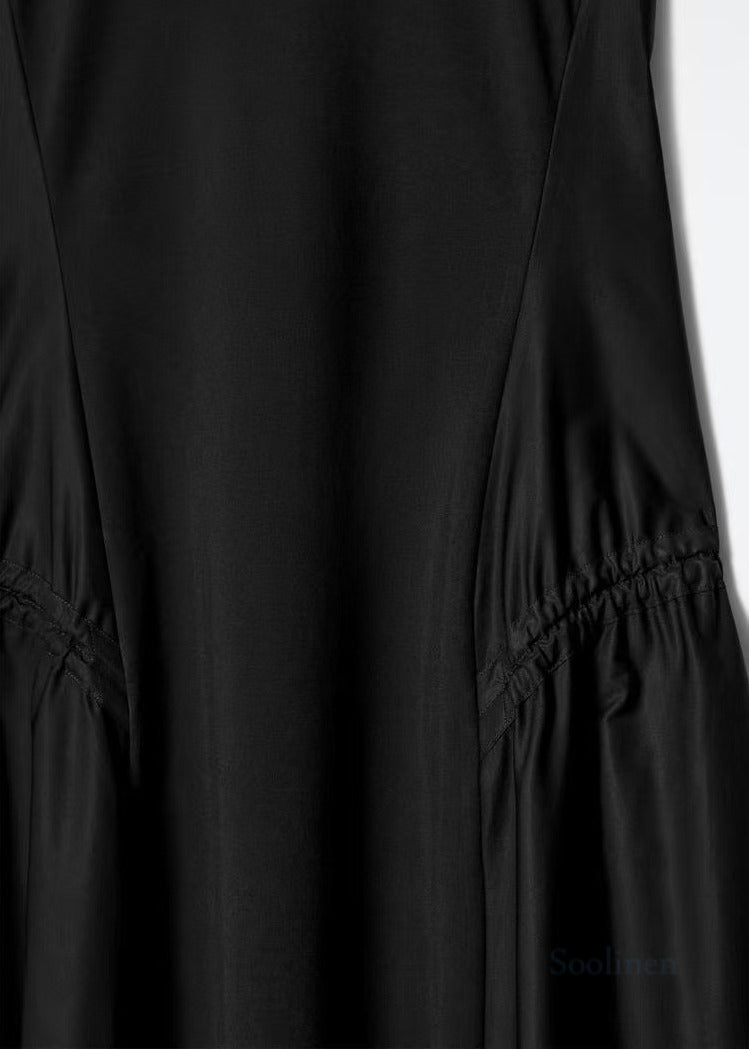 Italian Black Drawstring Cotton Party Dress Sleeveless